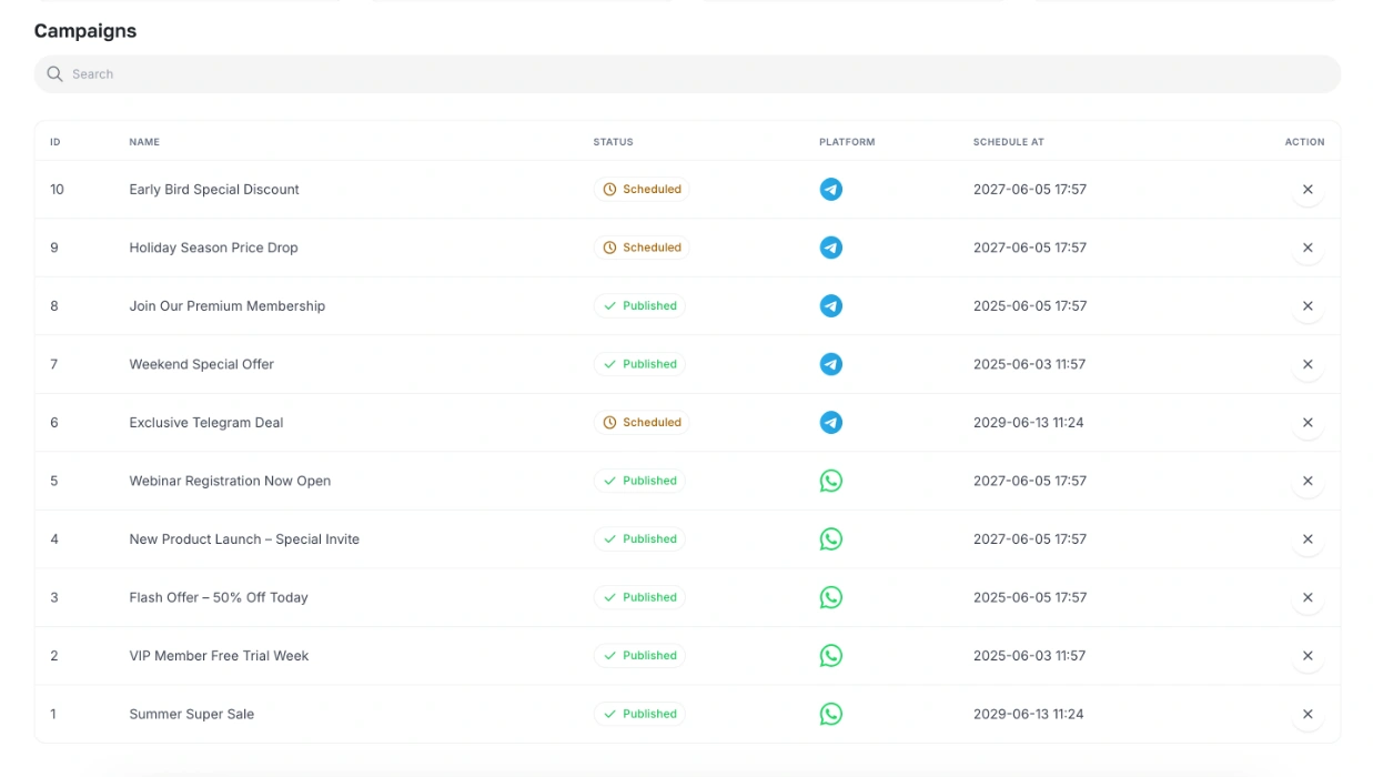 Send bulk messages across whatsapp and telegram