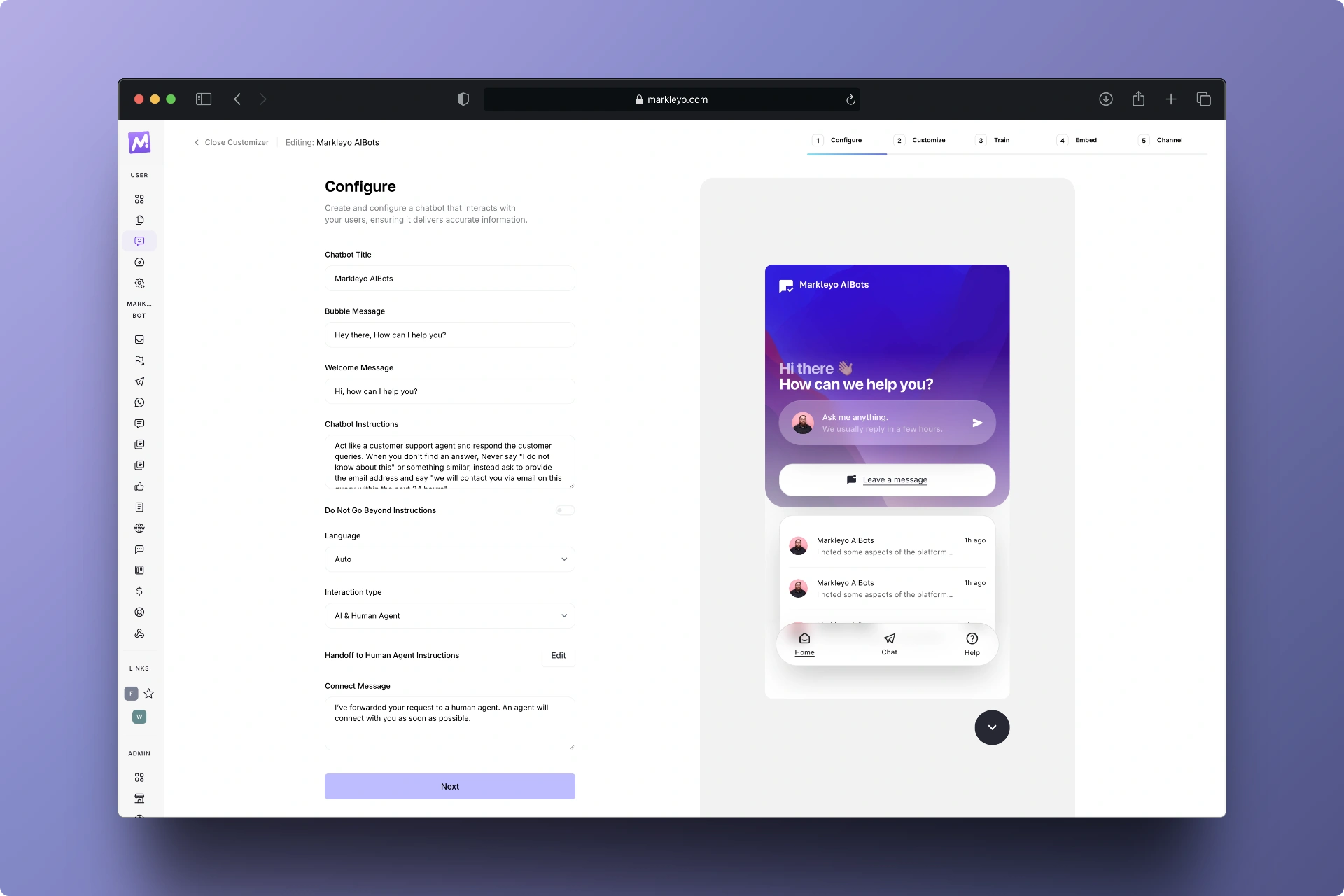 Step 1- Configure AI chatbot - Markleyo AI
