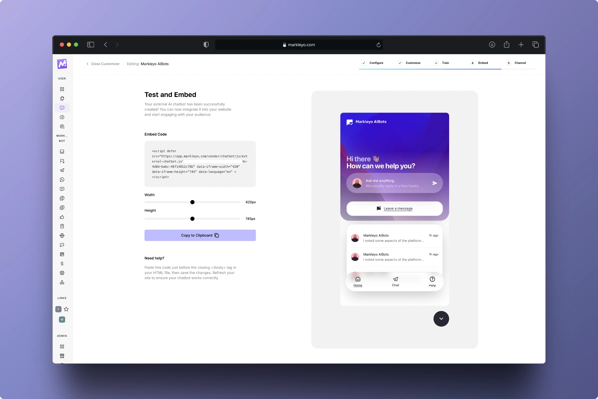 Step 4- Test and Embed - Markleyo AI