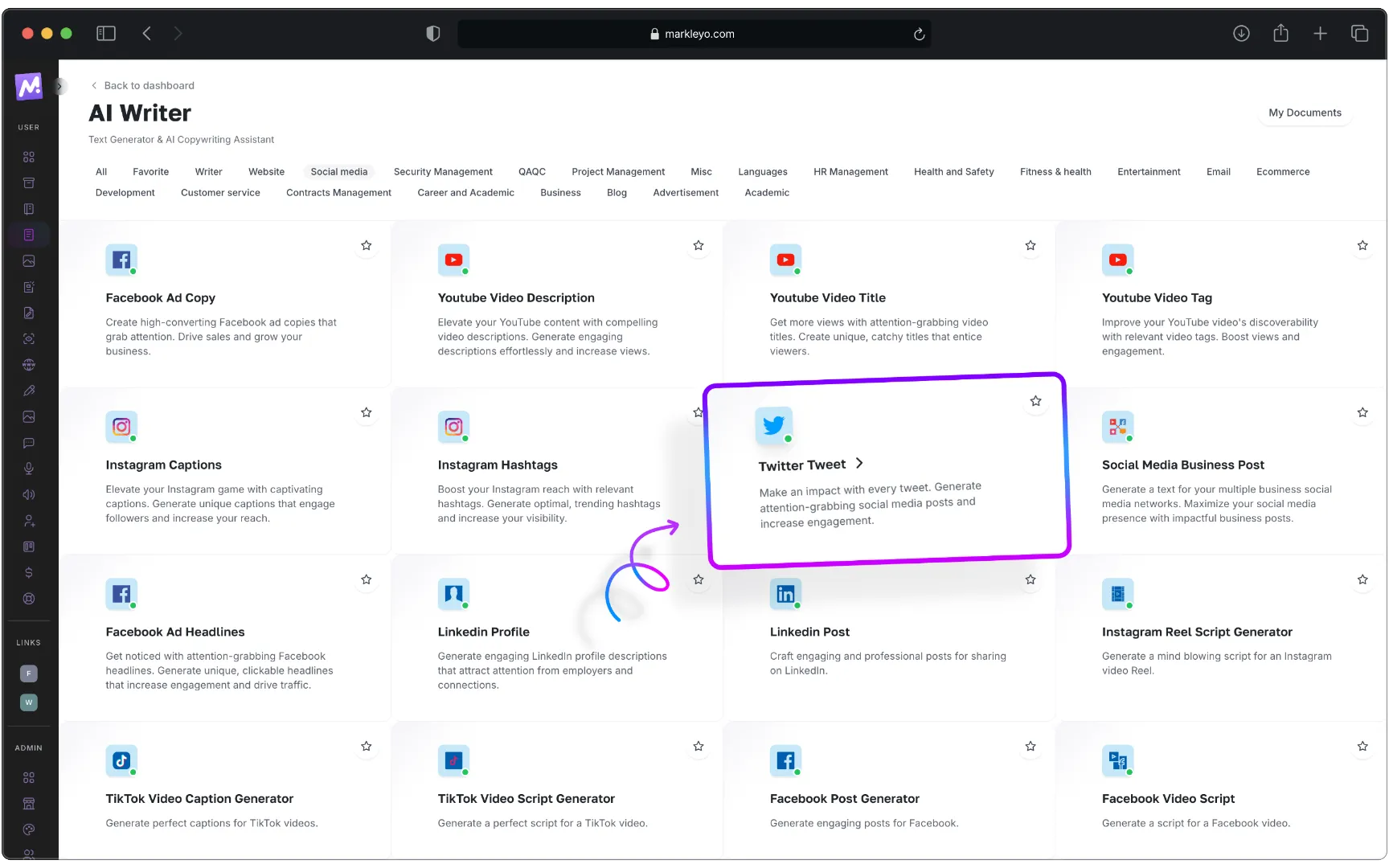 AI Writer input form inside the Markleyo dashboard