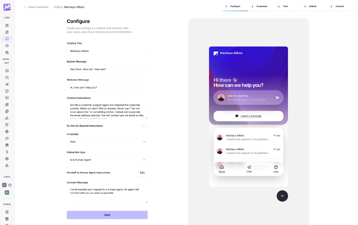 Configure your chatbot screen