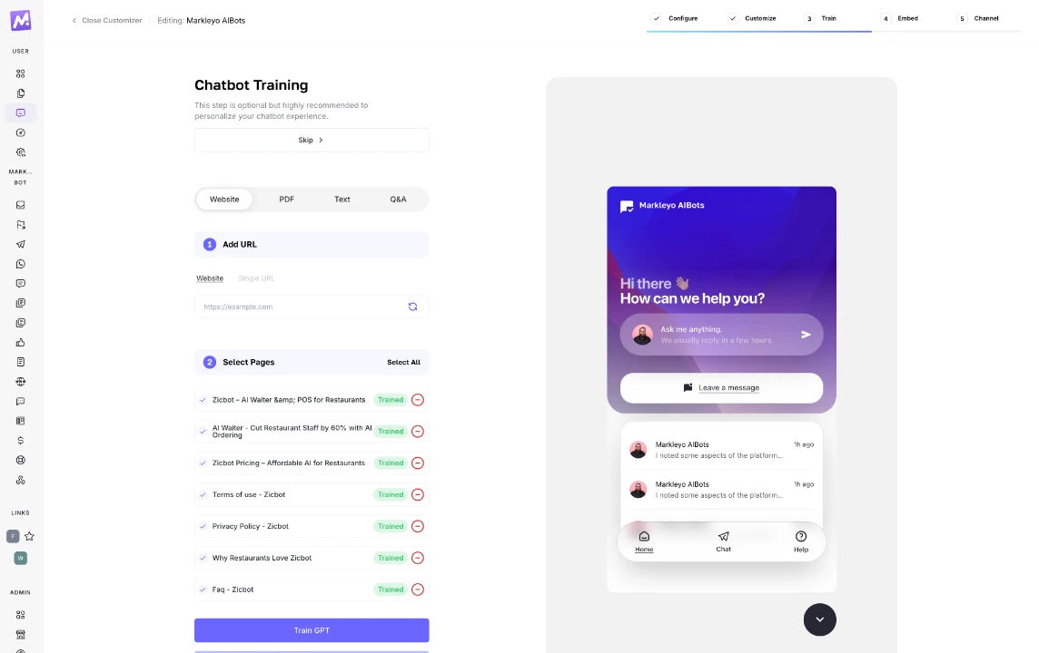 Train the chatbot on your data screen