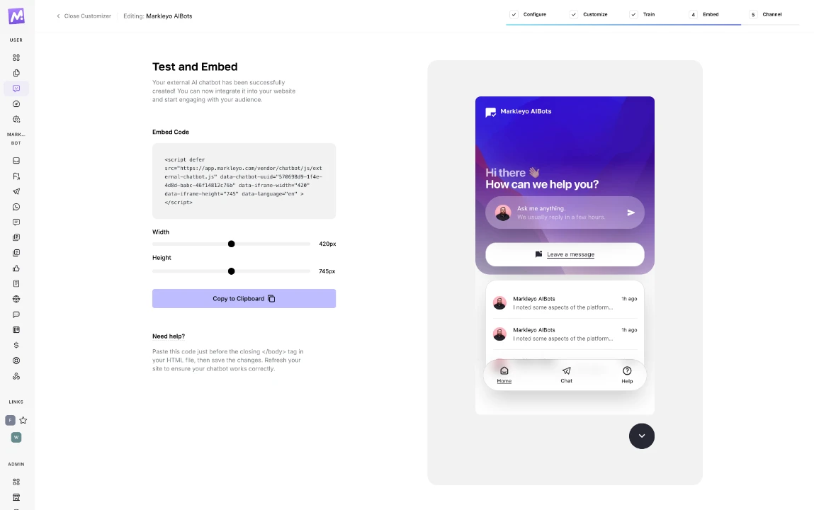 Embed the chatbot on your website screen