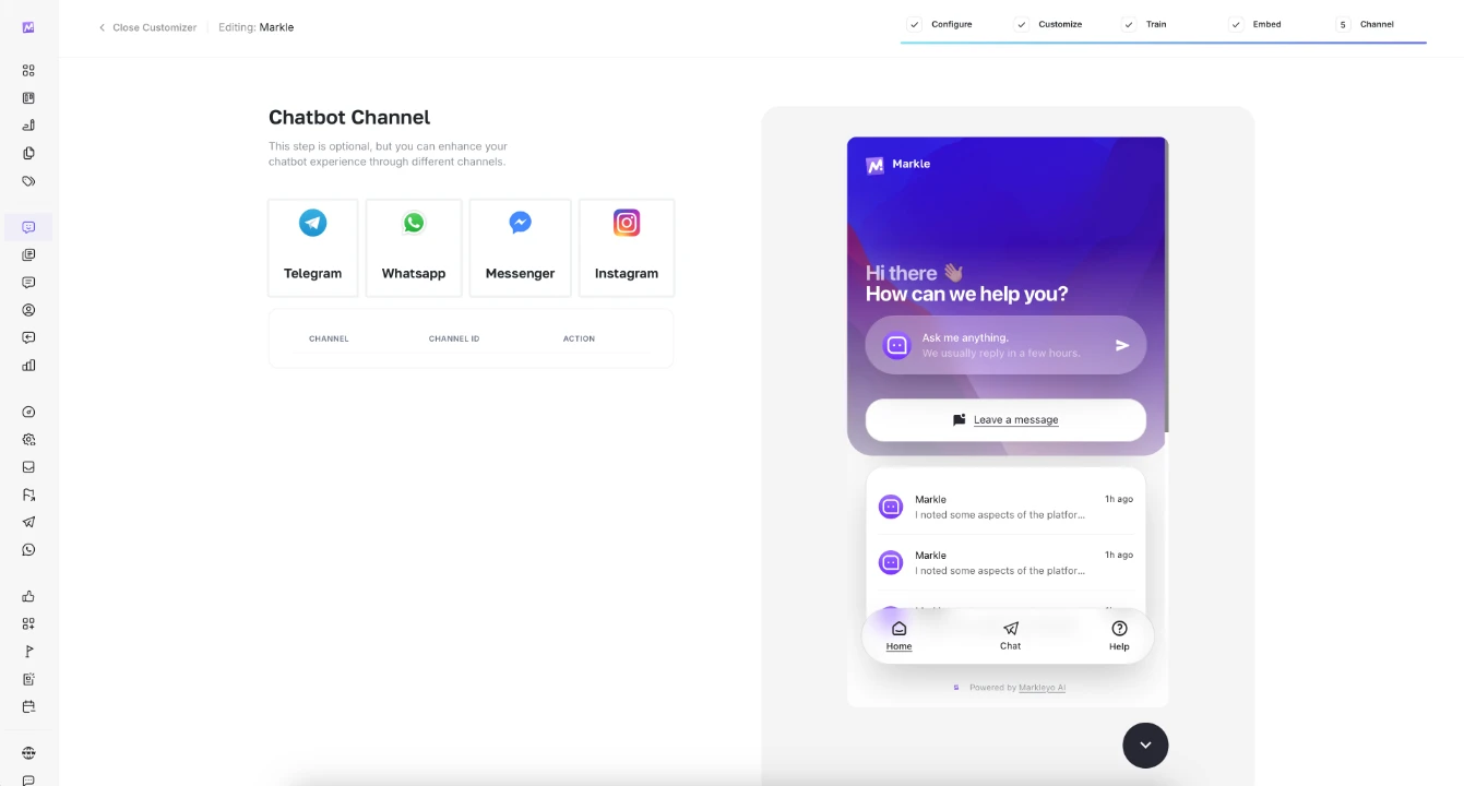 Connect channels screen